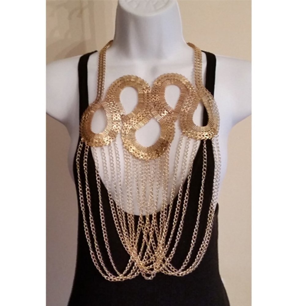 Gold tone statement chain jewelry set necklace and earrings new
